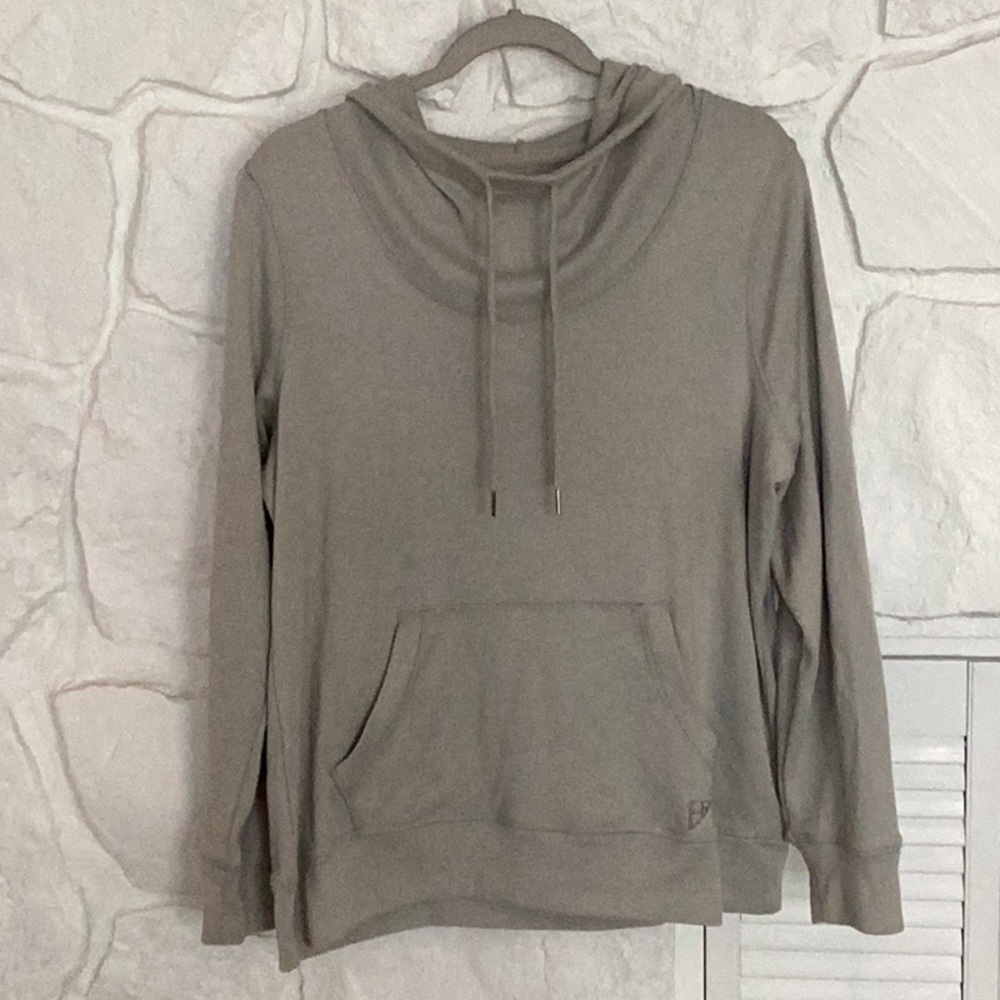 Eddie Bauer  putty gray hooded tie neck sweater shirt light weight cotton